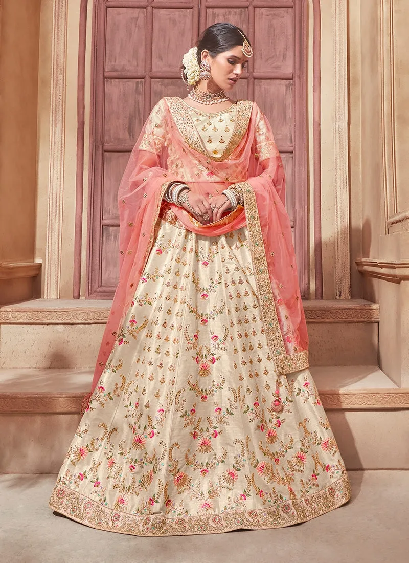 Beige And Peach Overall Embroidered Flared Lehenga Choli Set