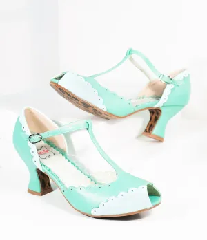 Bettie Page 1940s Mint Scalloped Peep Toe T-Strap Carlie Heels