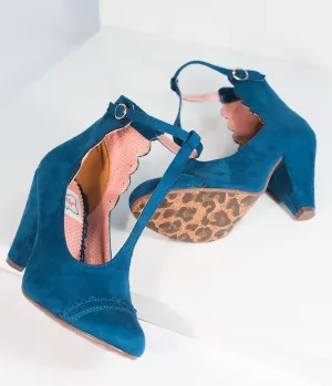 Bettie Page Blue Suede Closed Toe Vio T-Strap Heels