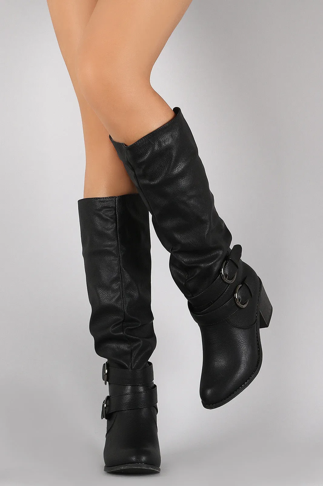 Buckled Chunky Heeled Slouchy Knee High Boots