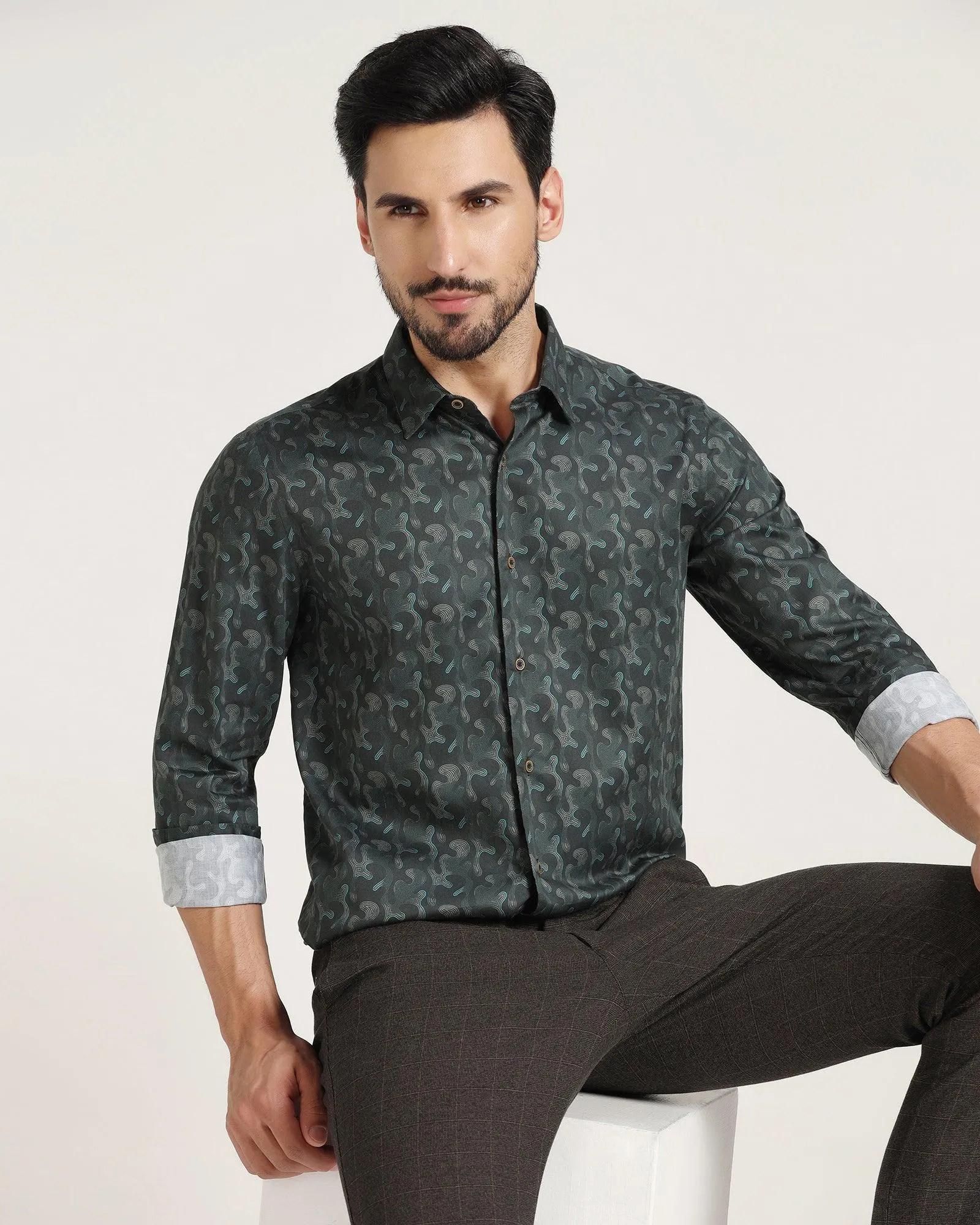 Casual Bottle Green Printed Shirt - Shine