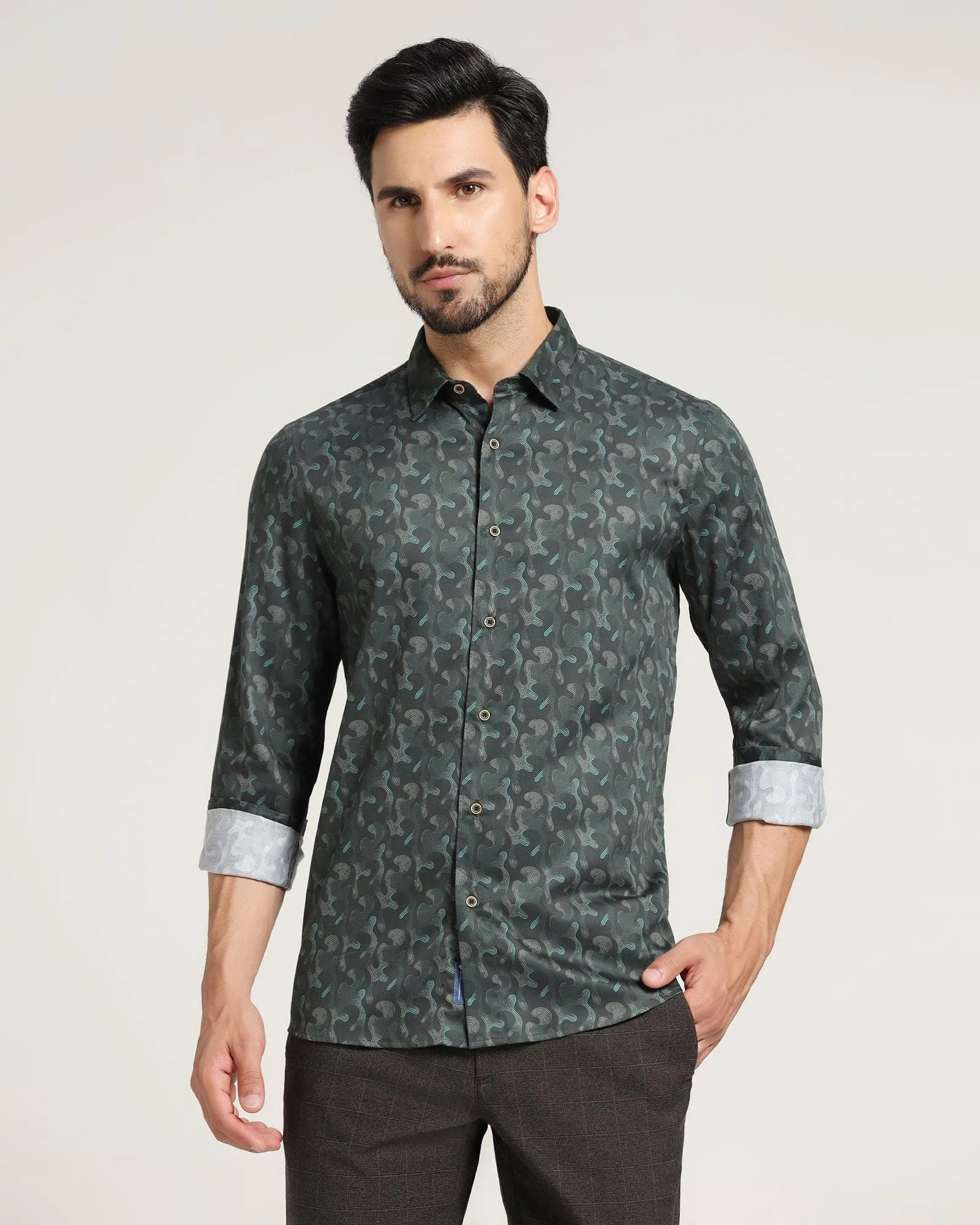 Casual Bottle Green Printed Shirt - Shine