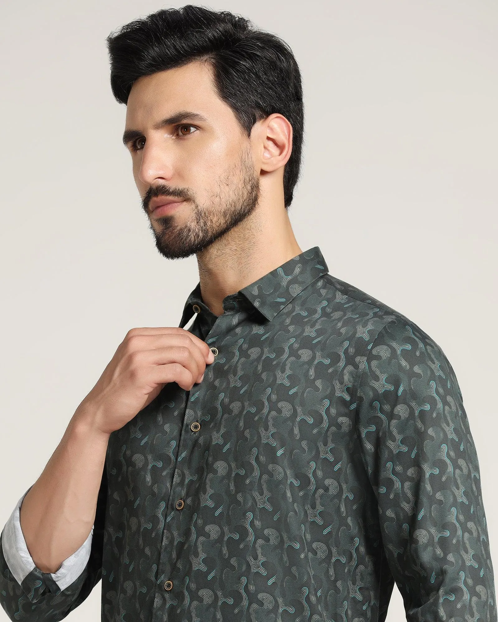 Casual Bottle Green Printed Shirt - Shine