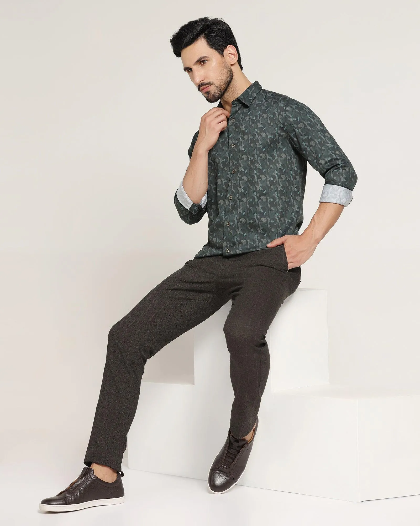 Casual Bottle Green Printed Shirt - Shine