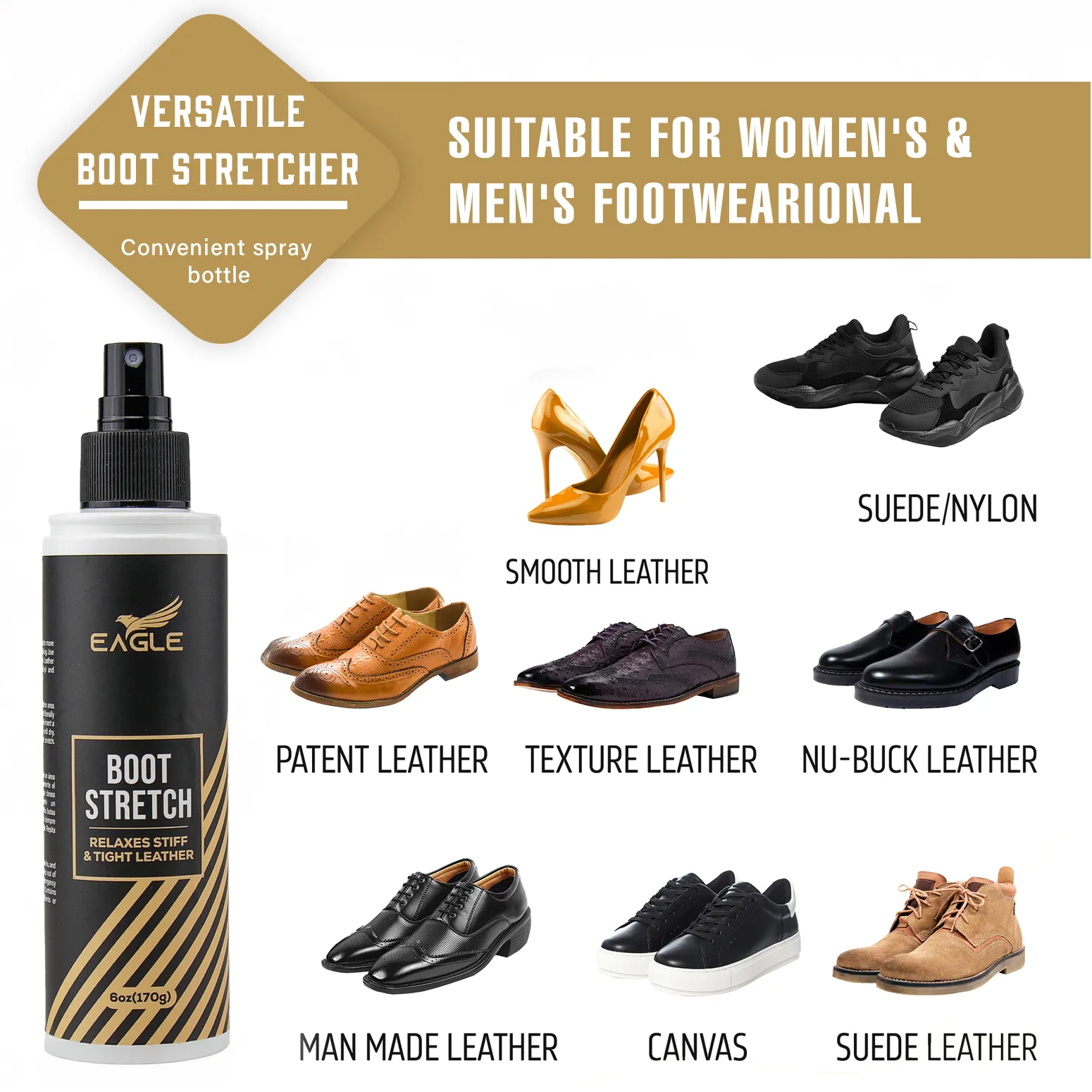 Eagle Boot Stretcher Spray(6oz) - Leather Softener for Shoes & Boots - Shoe Stretch Spray to Relieve Tight Fitting Shoes