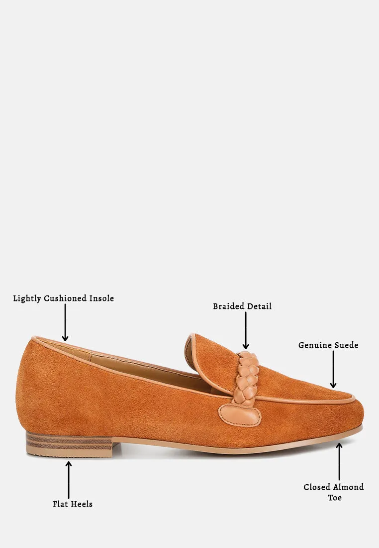 ECHO Suede Leather Braided Detail Loafers In Tan