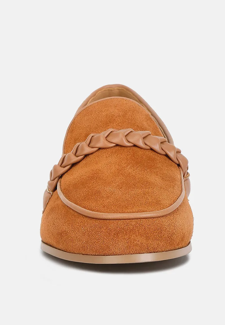 ECHO Suede Leather Braided Detail Loafers In Tan