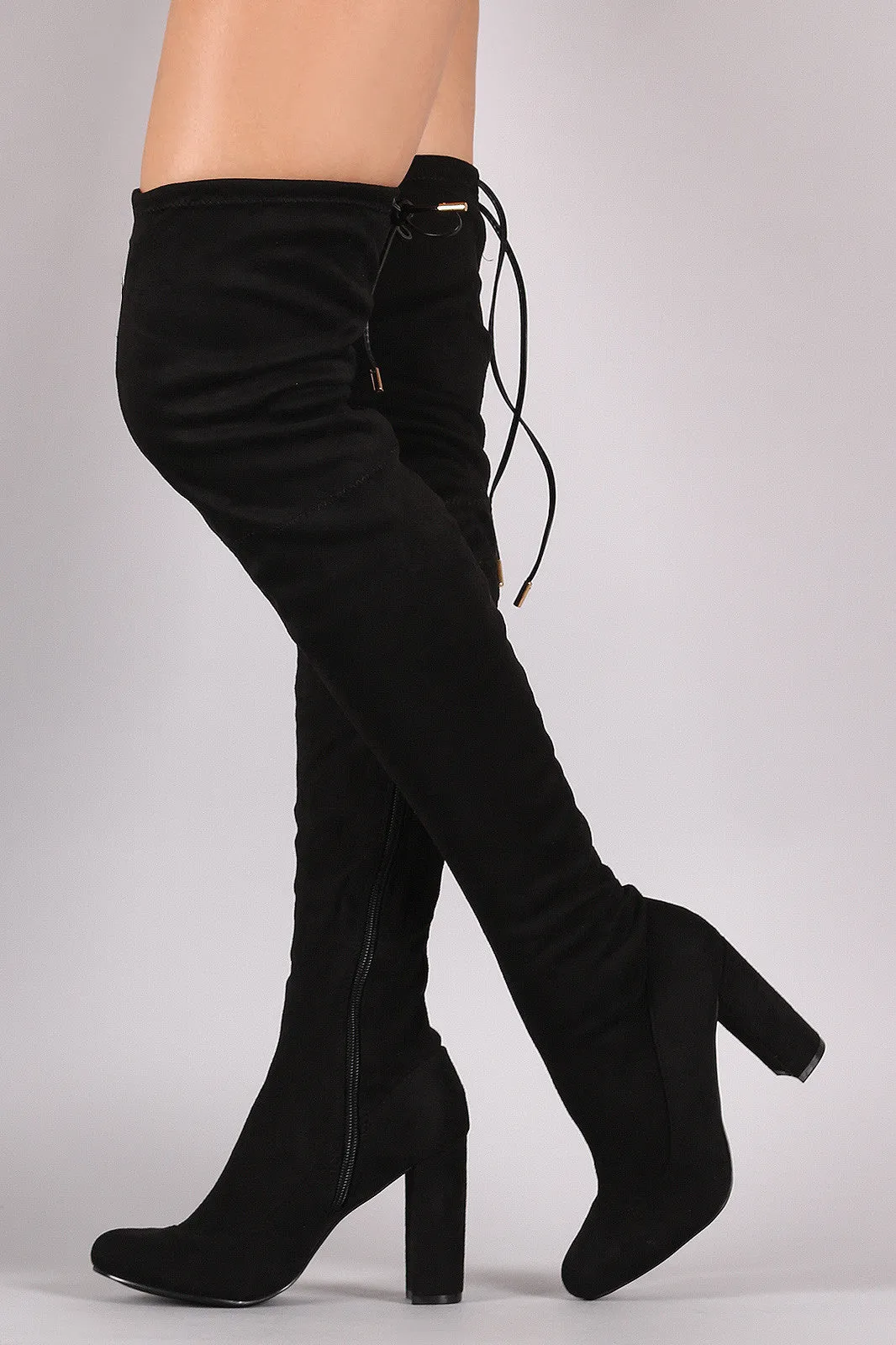 Elle - Drawstring Tie Chunky Heeled Over-The-Knee Boots