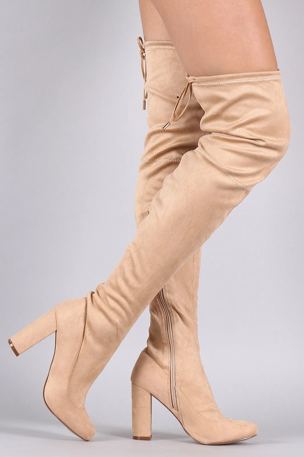 Elle - Drawstring Tie Chunky Heeled Over-The-Knee Boots