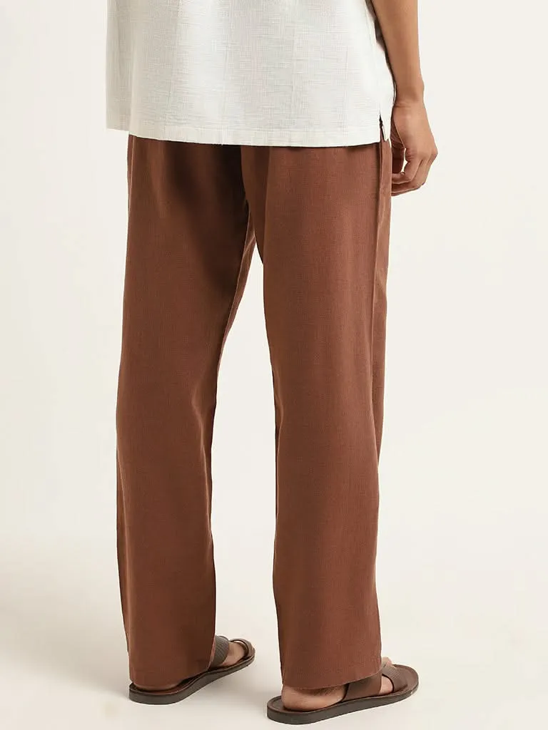 ETA Solid Brown Slim Fit Blended Linen Blended Linen Chinos