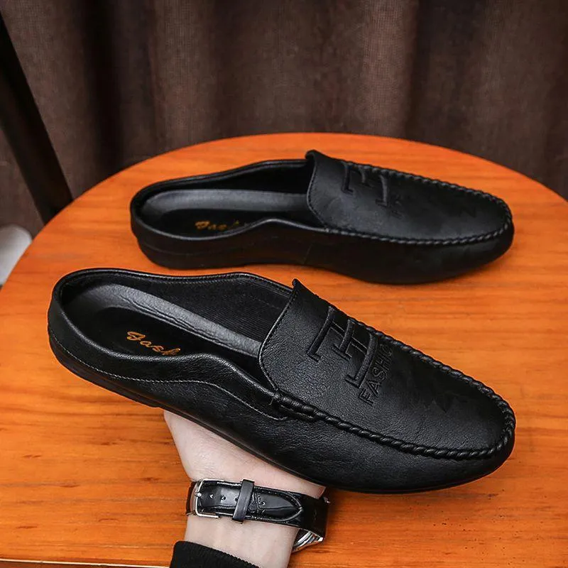 Half-wrapped Men's Loafers Slip-on Closed Toe Without Heel Leather Shoes