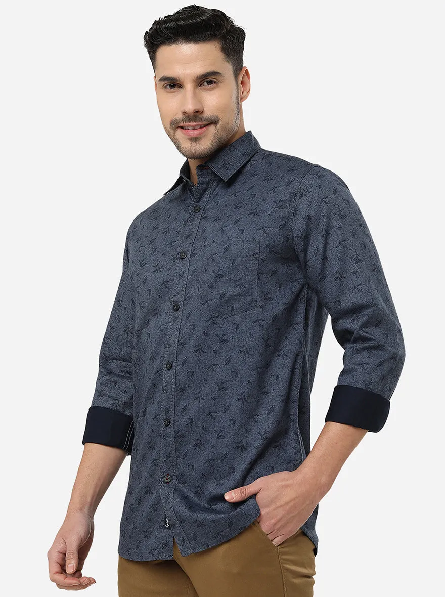 Ice Blue Printed Slim Fit Semi Casual Shirt | JadeBlue