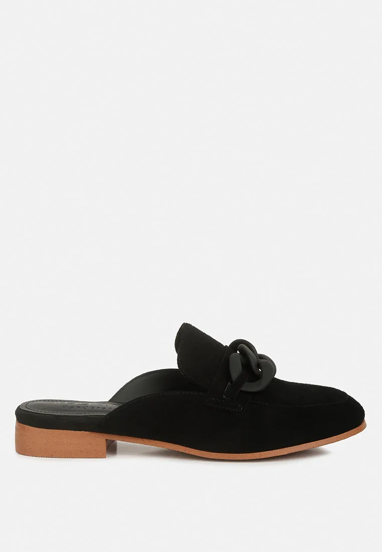 KRIZIA Chunky Chain Suede Slip On Mules in Black