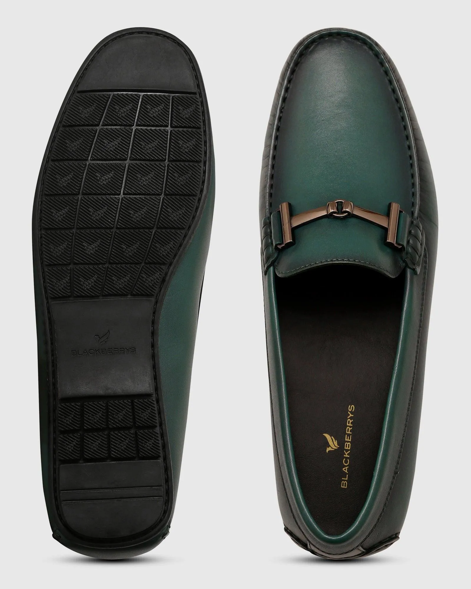 Leather Casual Dark Green Solid Loafers Shoes - Qanali