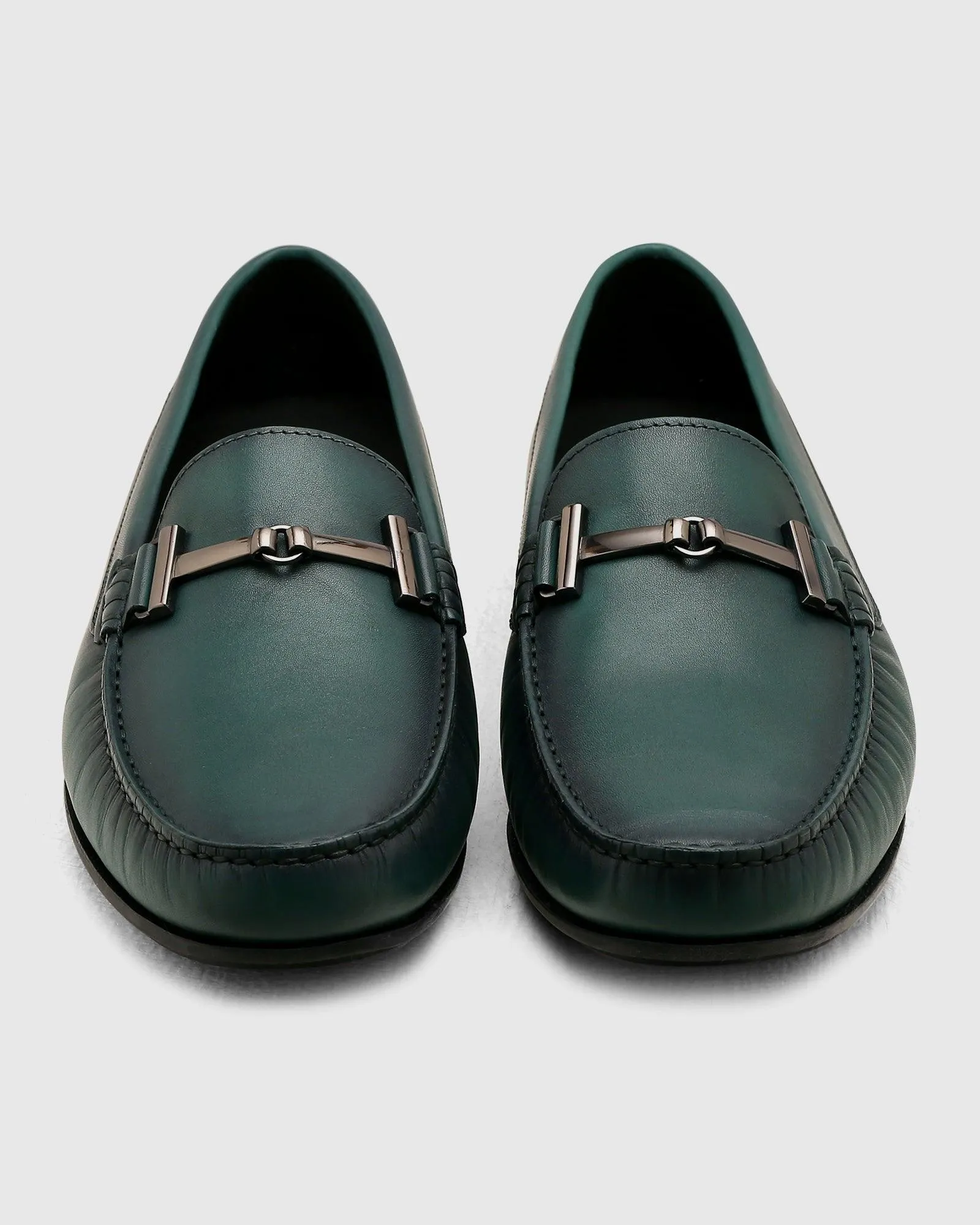 Leather Casual Dark Green Solid Loafers Shoes - Qanali