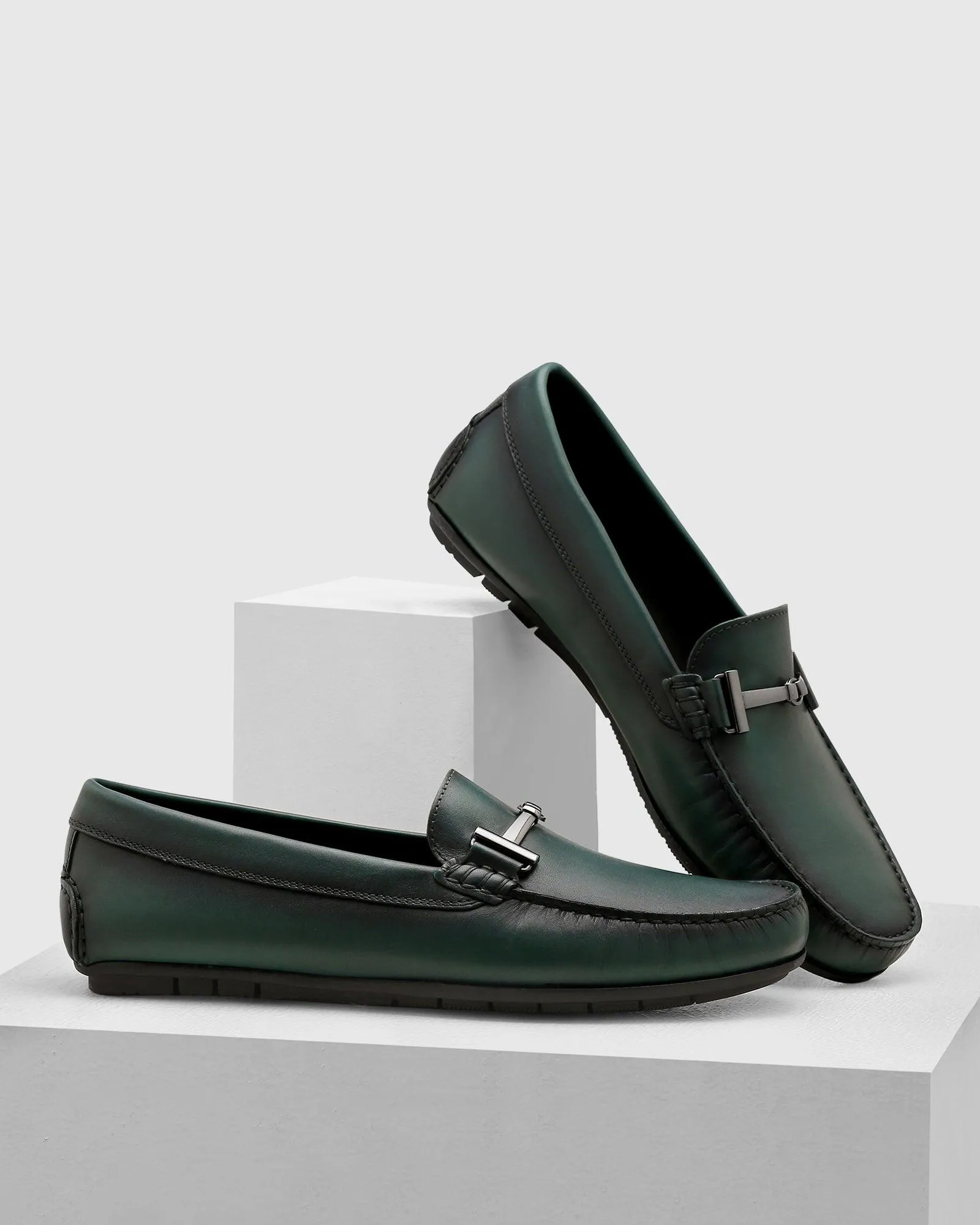 Leather Casual Dark Green Solid Loafers Shoes - Qanali