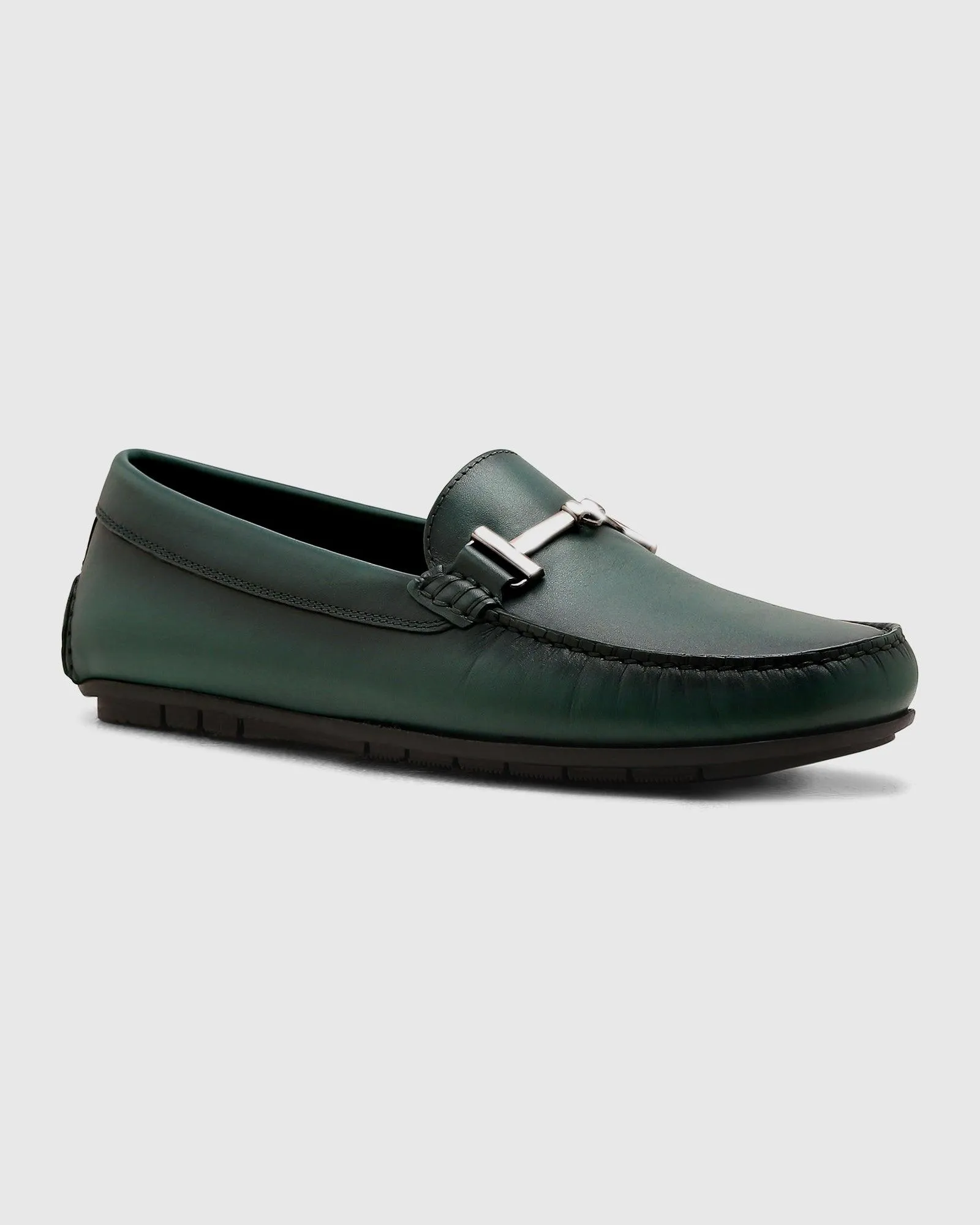 Leather Casual Dark Green Solid Loafers Shoes - Qanali