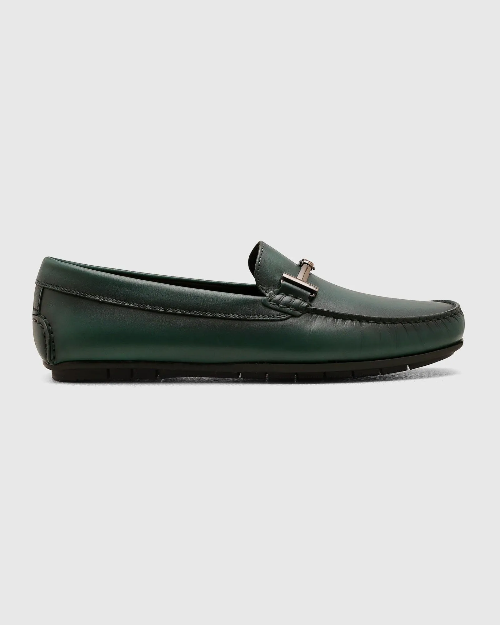 Leather Casual Dark Green Solid Loafers Shoes - Qanali