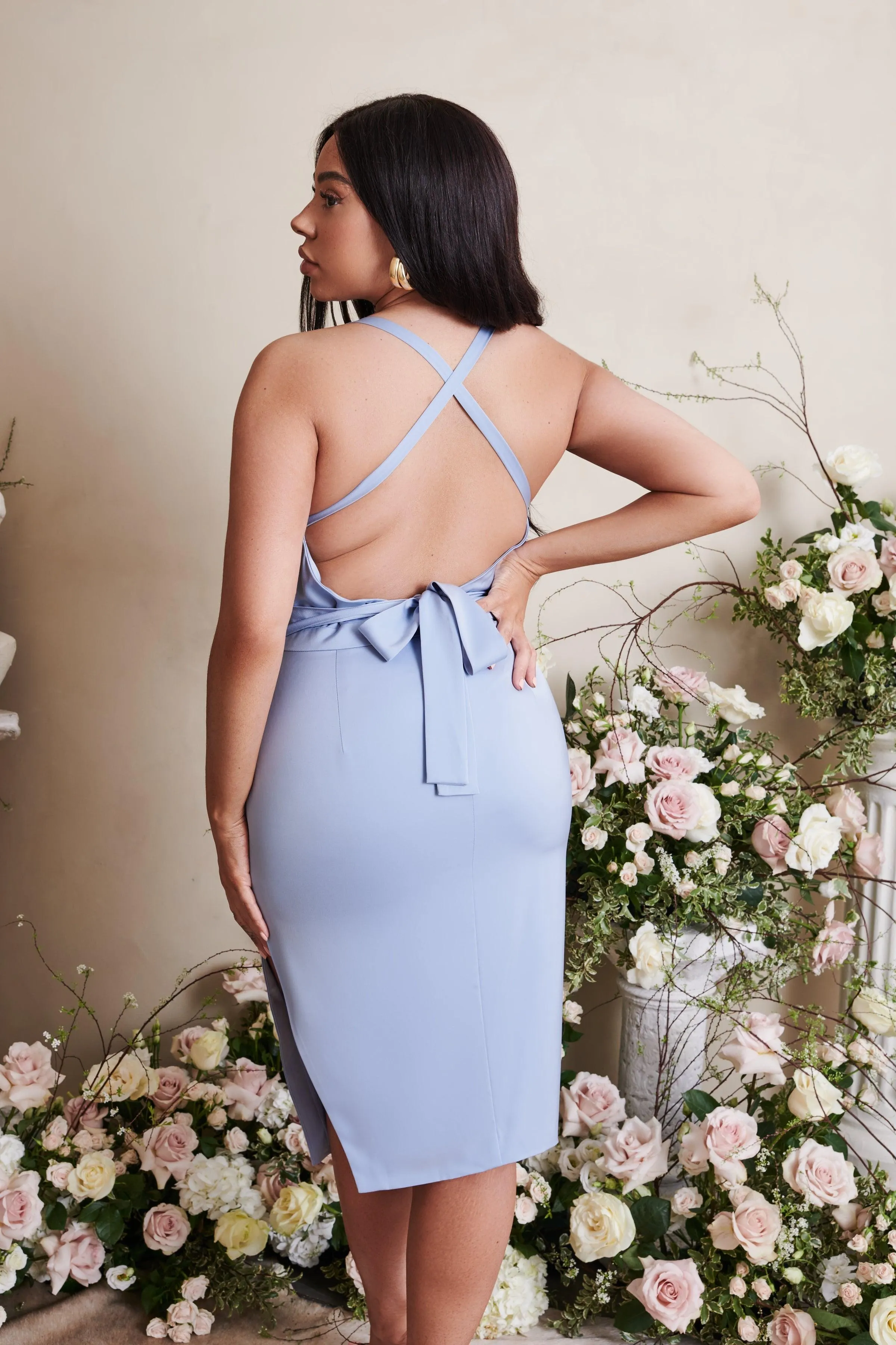 LILIANA Curve Cross Back Cowl Neck Midi Dress in Cornflower Blue