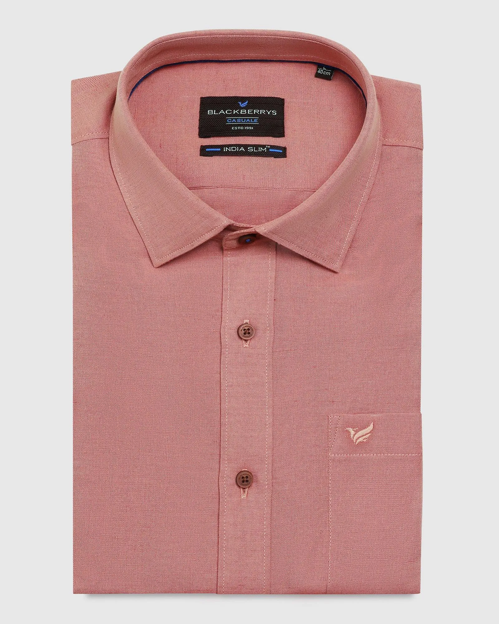 Linen Casual Half Sleeve Pink Solid Shirt - Salmon