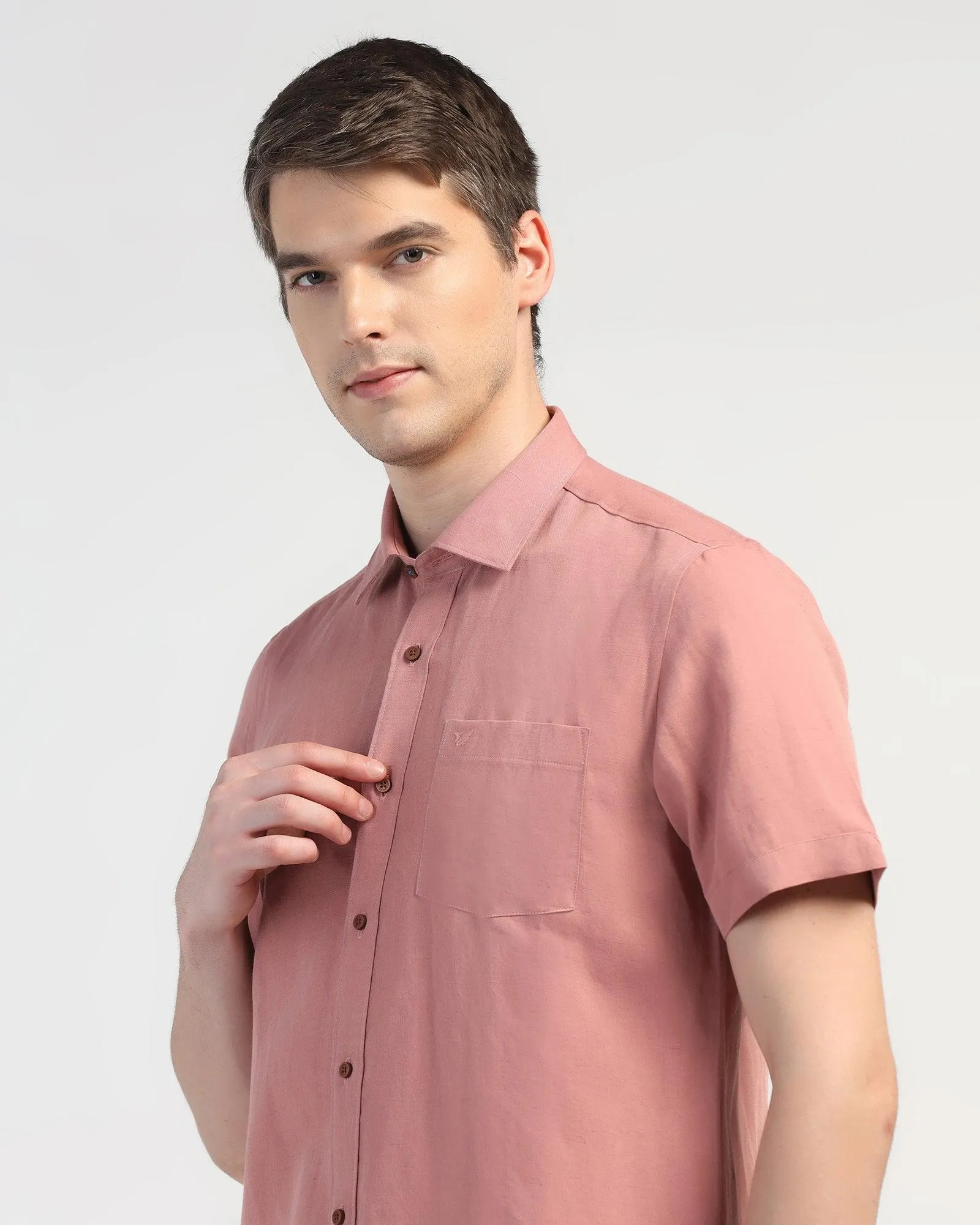 Linen Casual Half Sleeve Pink Solid Shirt - Salmon