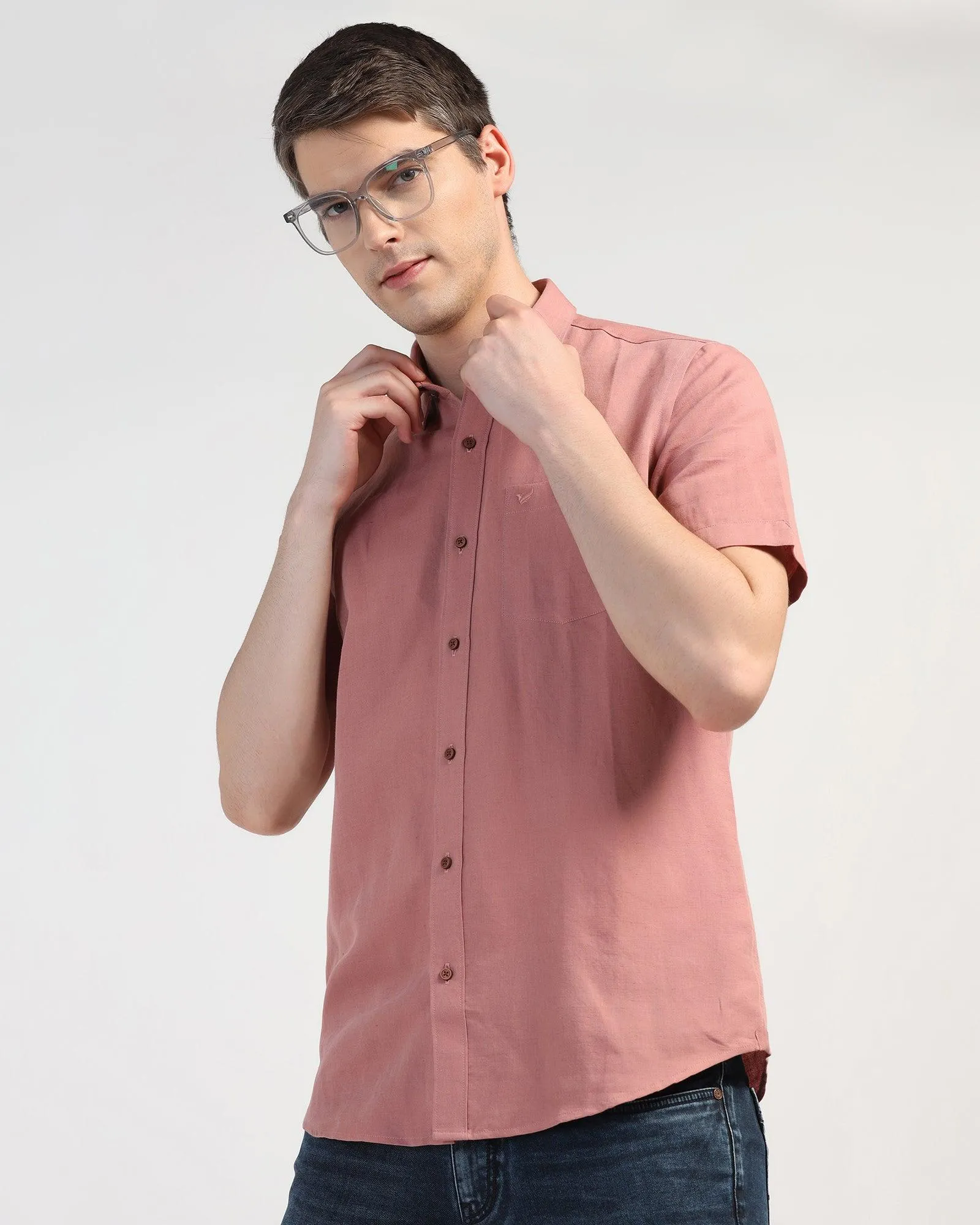 Linen Casual Half Sleeve Pink Solid Shirt - Salmon