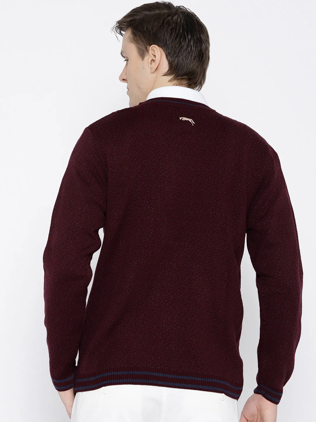 Men Maroon and Navy Blue Colourblocked Pullover