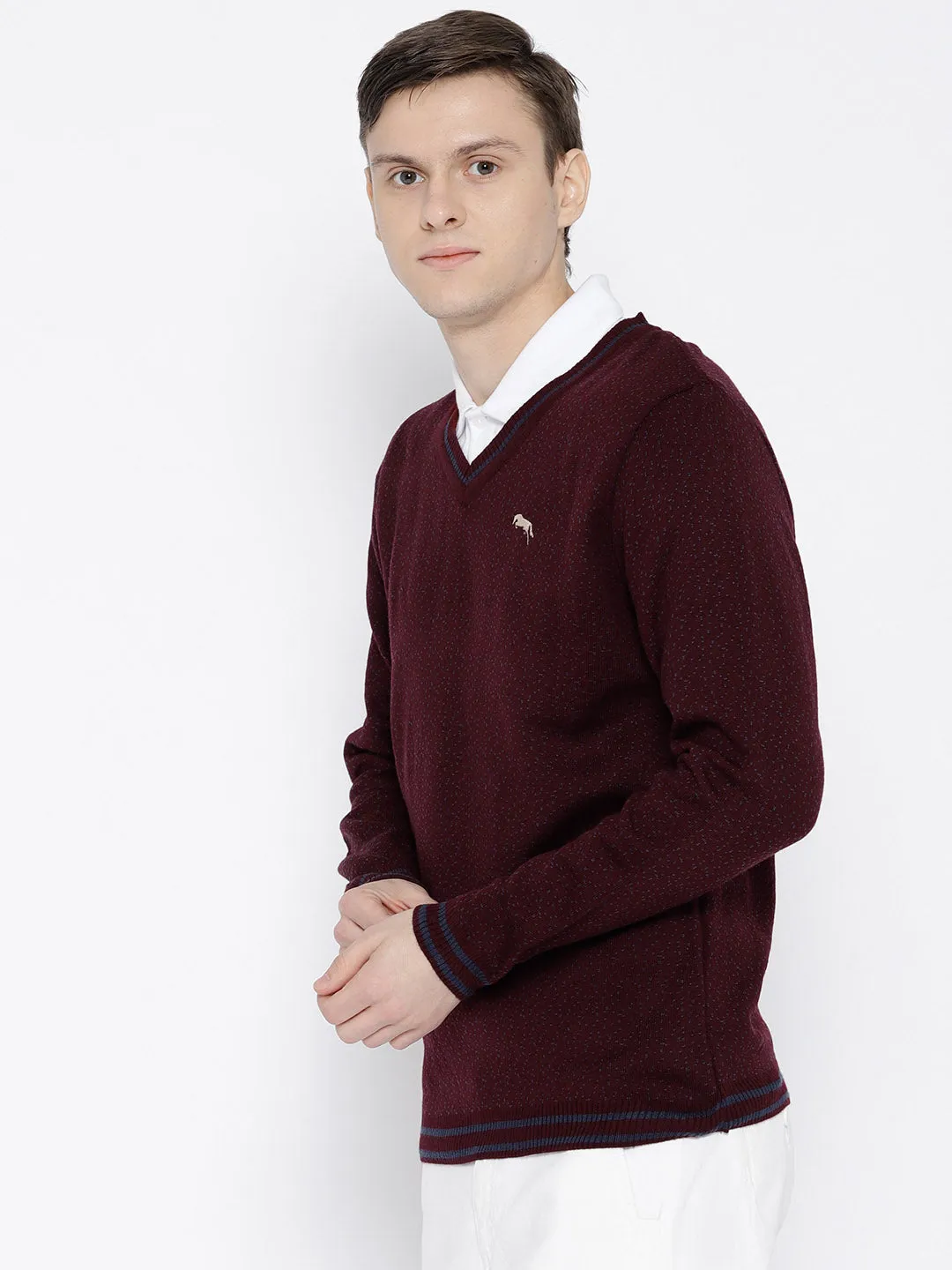 Men Maroon and Navy Blue Colourblocked Pullover