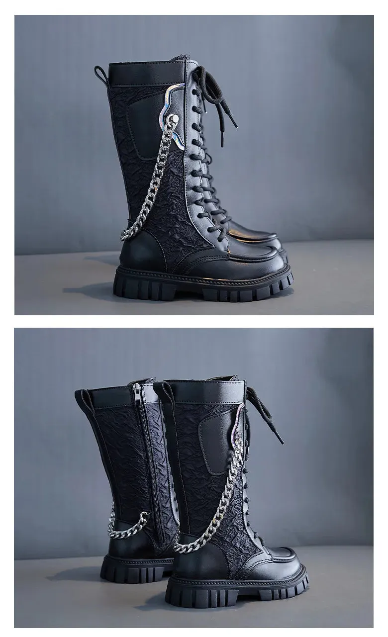 MOF Kids Fashion Knight Boots for Spring and Autumn Breathable Stylish and Chain-Decorated