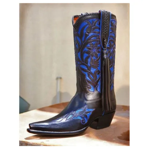 New Cowboy Men's Western Blue Leather Performance Boots Pointed Toe Stylish Boot