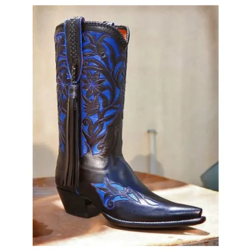 New Cowboy Men's Western Blue Leather Performance Boots Pointed Toe Stylish Boot