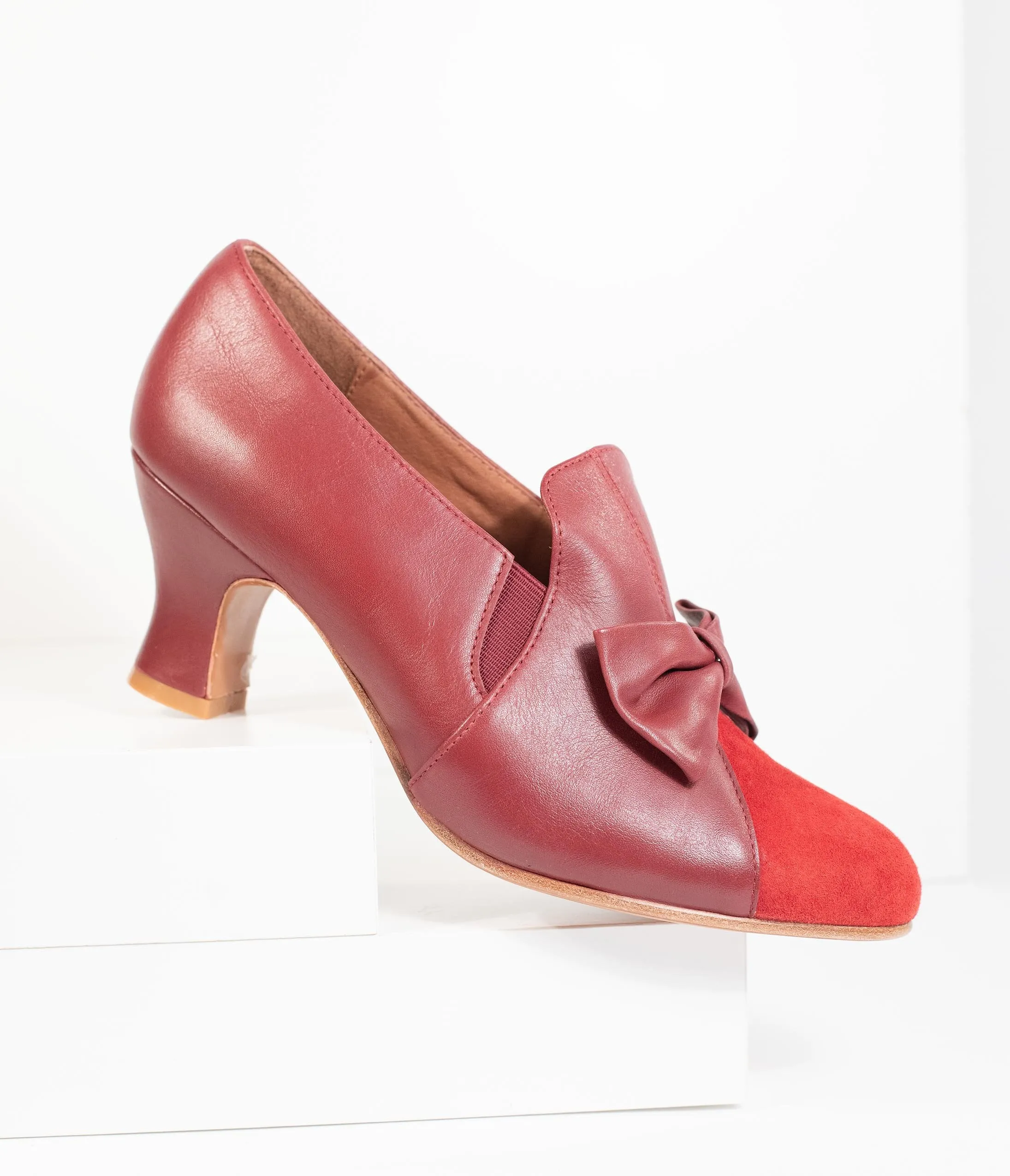 Royal Vintage Burgundy Red Leather Bow Maria Pumps