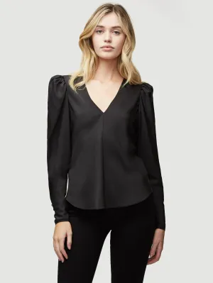 Silk Shirred V Neck Top -- Noir