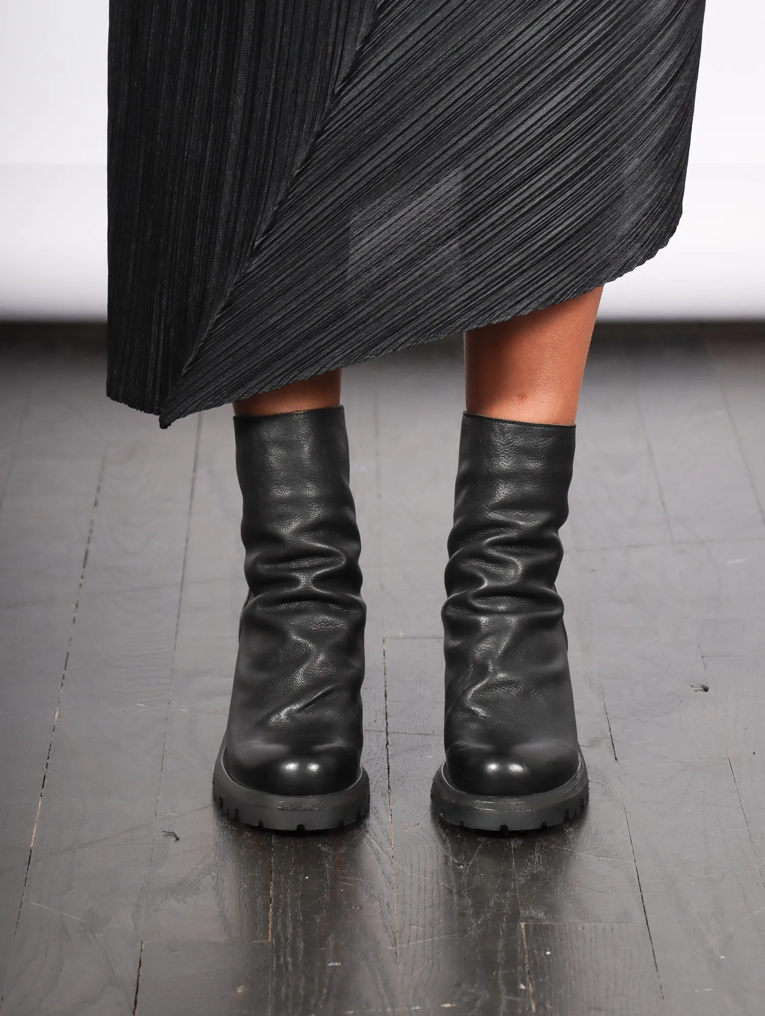 Stacked Wood Heel Boot in Black by Shoto