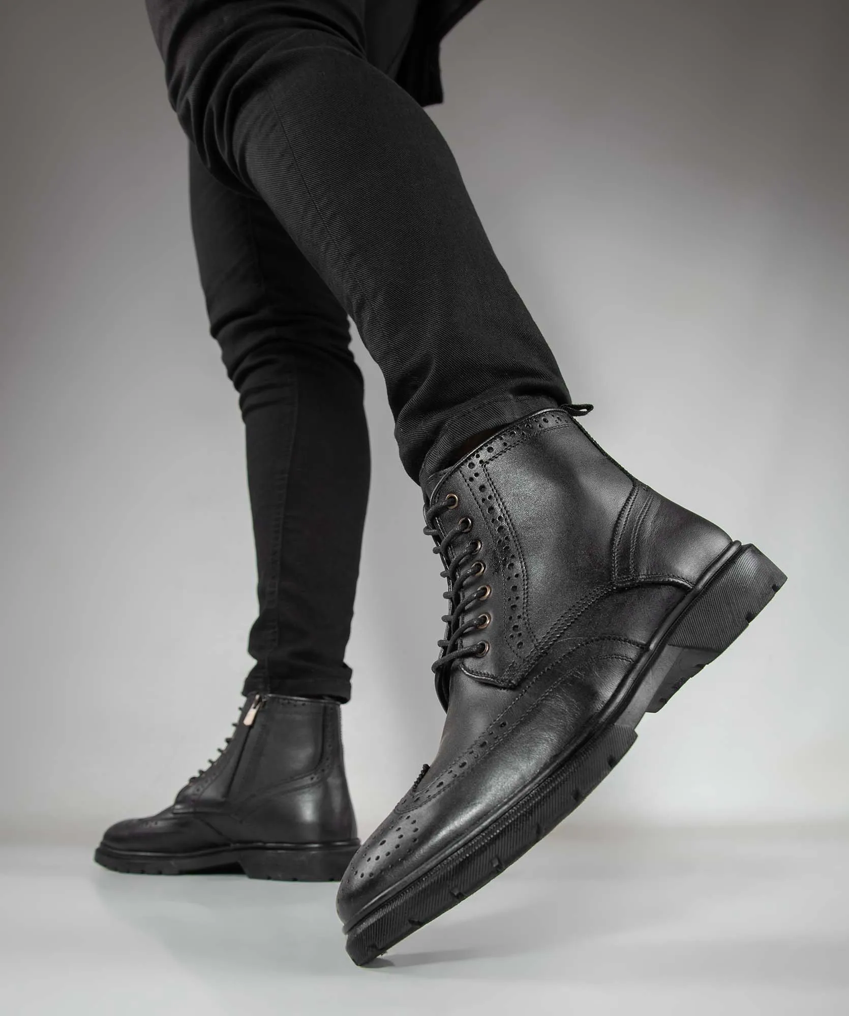 SUEDE BROGUE GENUINE LEATHER HALF BOOTS - BLACK