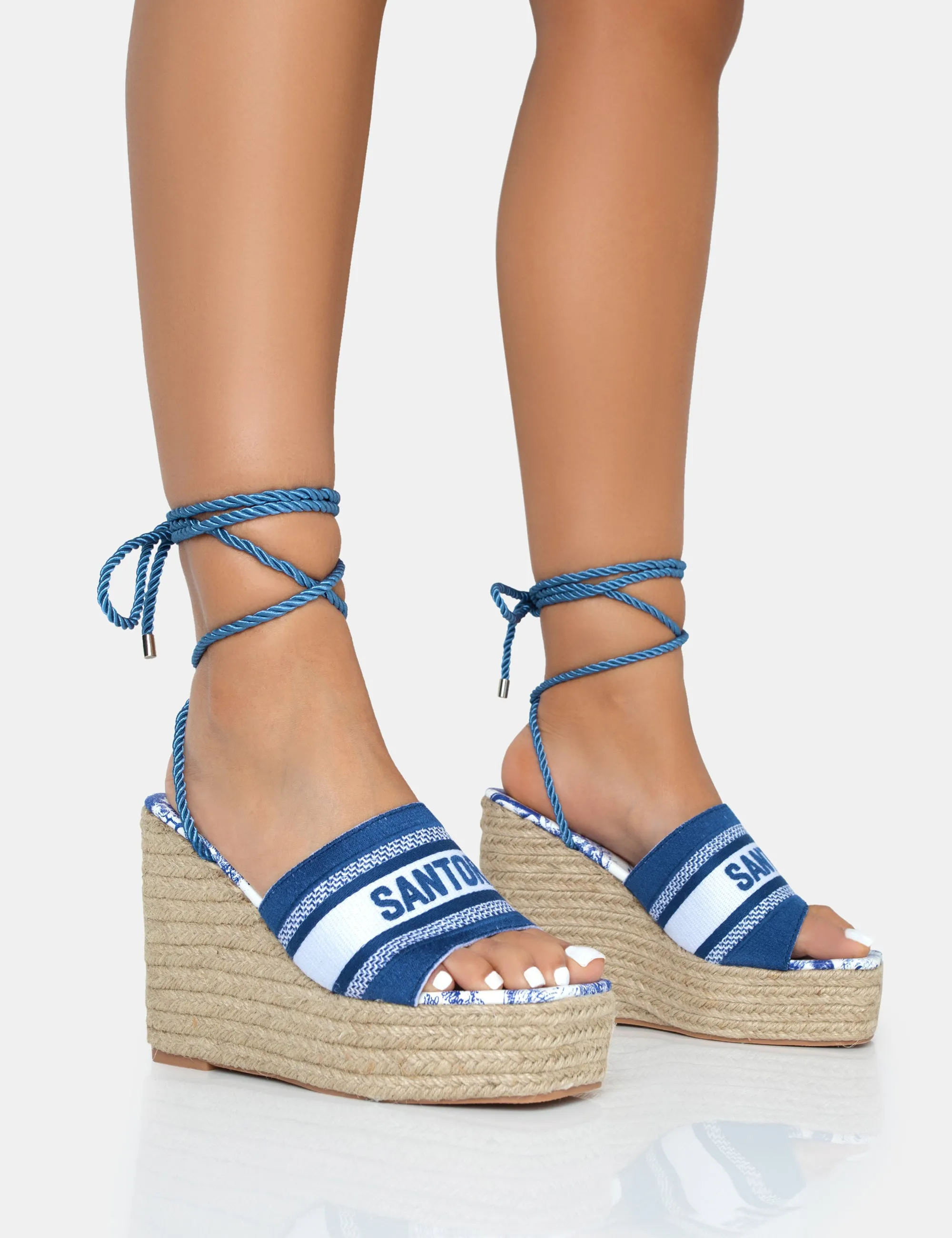 Take Off Navy Embroidered Santorini Lace Up Raffia Square Toe Wedge Heels