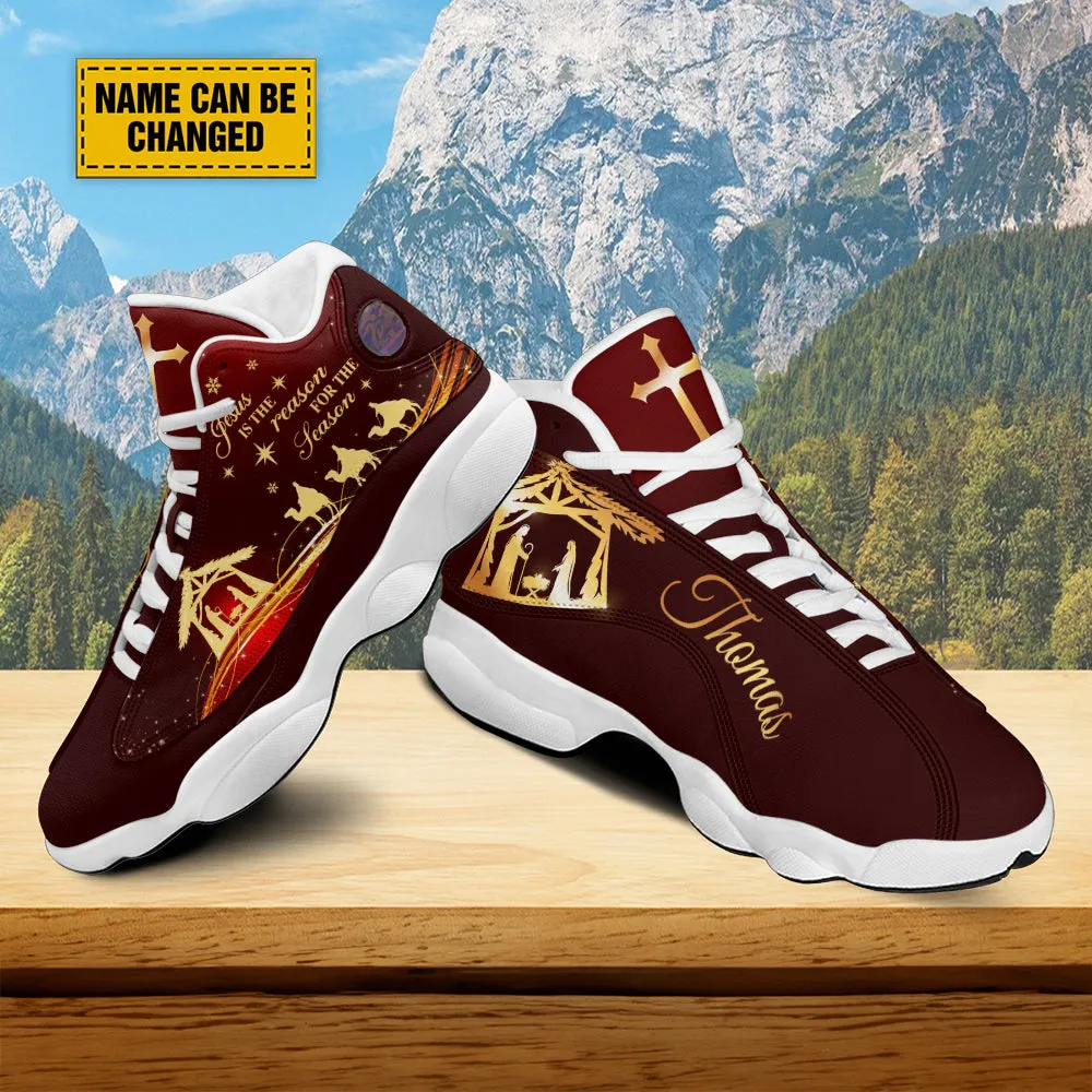 Teesdily | Customized Jesus Nativity Jesus Birth Christmas Basketball Shoes, Jesus Is The Reason For Season Xmas Unisex Shoes