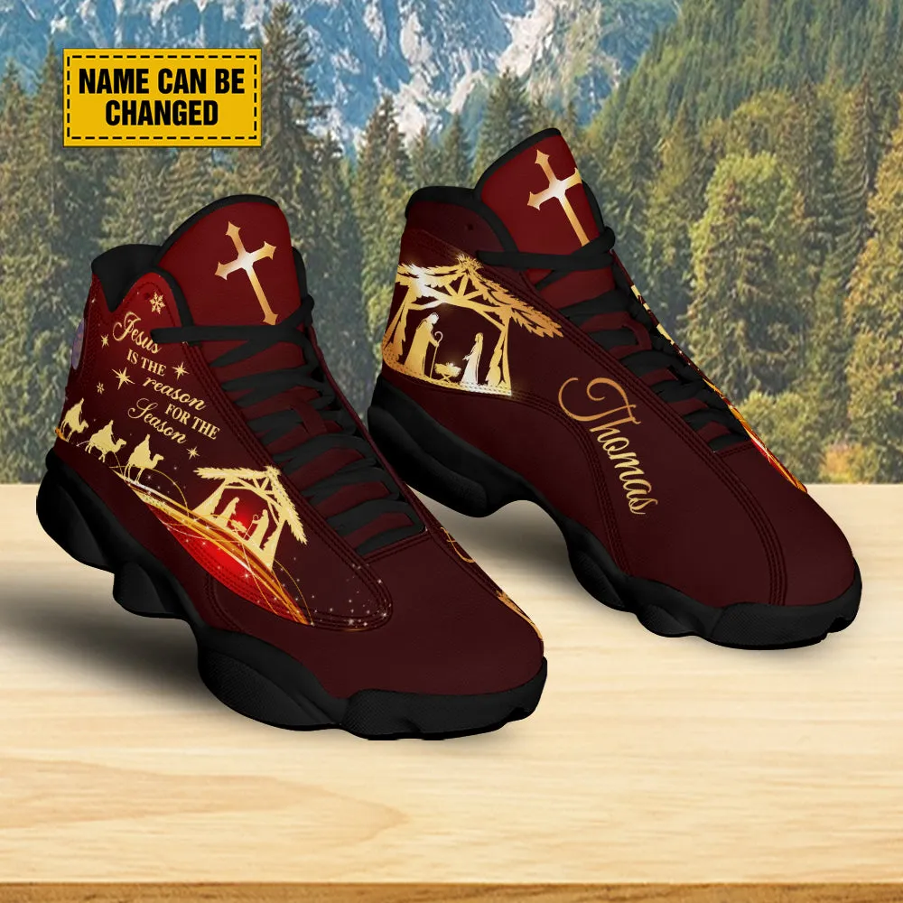 Teesdily | Customized Jesus Nativity Jesus Birth Christmas Basketball Shoes, Jesus Is The Reason For Season Xmas Unisex Shoes