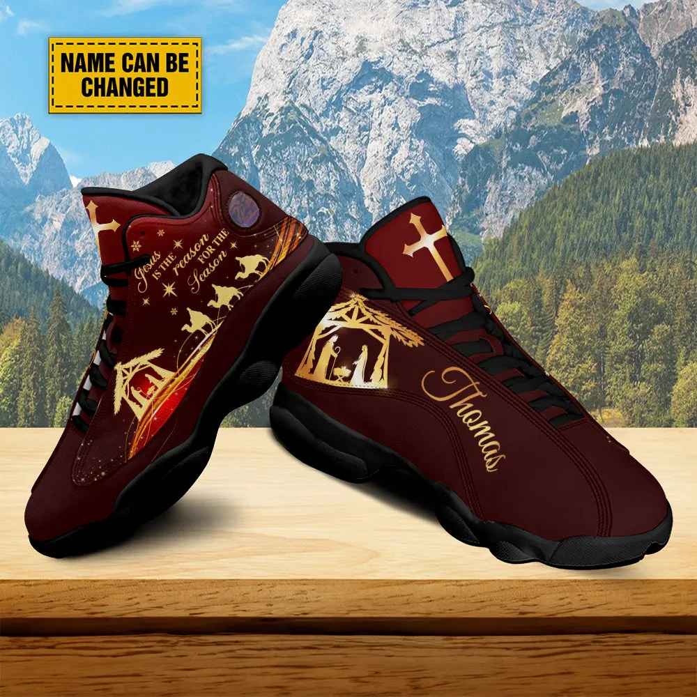 Teesdily | Customized Jesus Nativity Jesus Birth Christmas Basketball Shoes, Jesus Is The Reason For Season Xmas Unisex Shoes