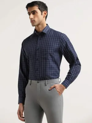 WES Formals Blue Checked Printed Cotton Relaxed Fit Shirt