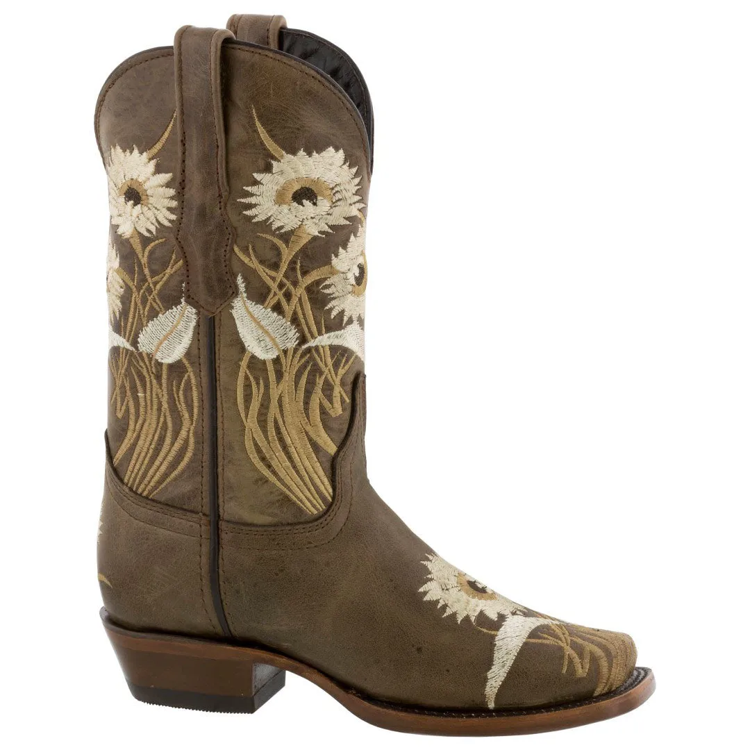 Womens Light Brown Western Boots Sunflower Embroidered Leather - Square Toe