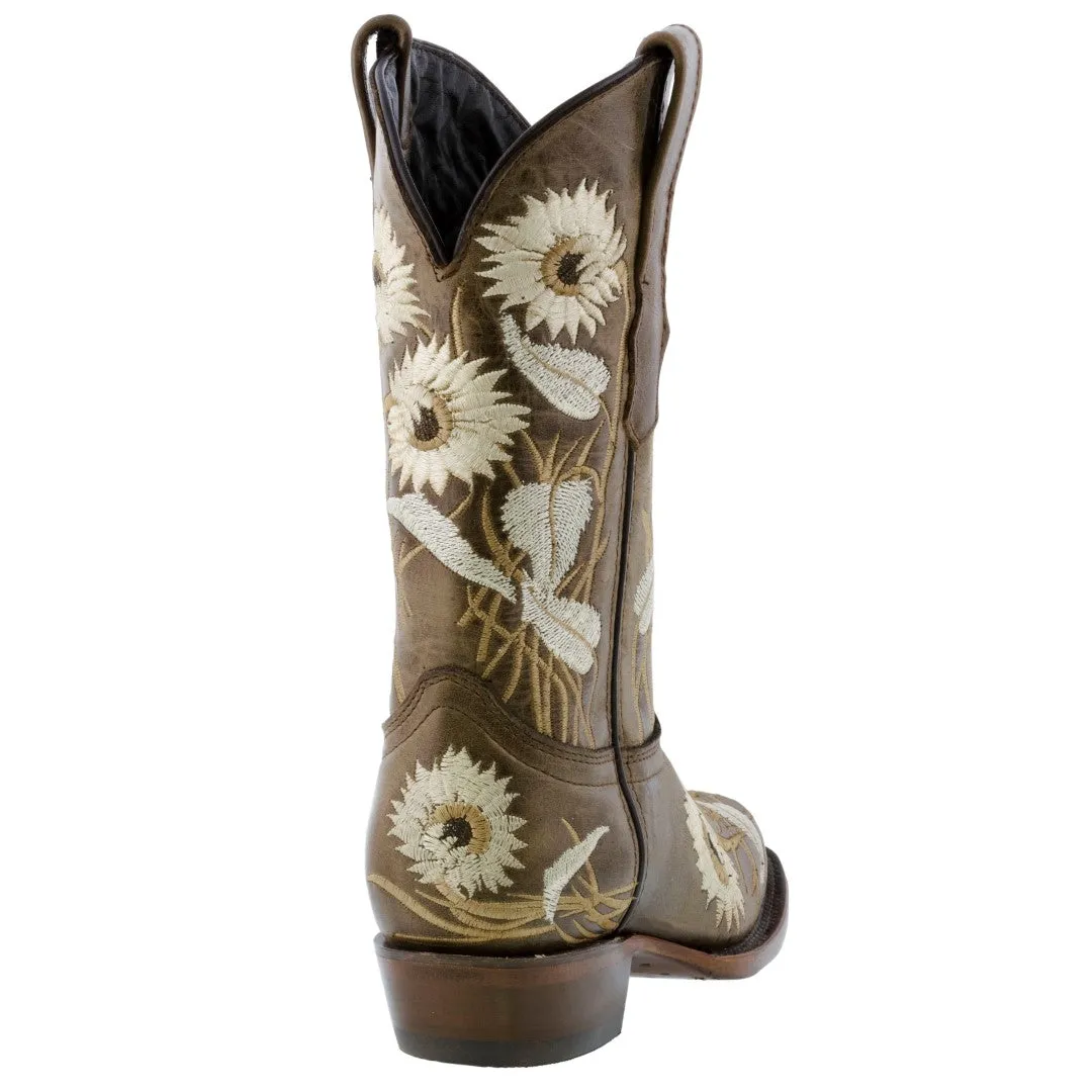 Womens Light Brown Western Boots Sunflower Embroidered Leather - Square Toe