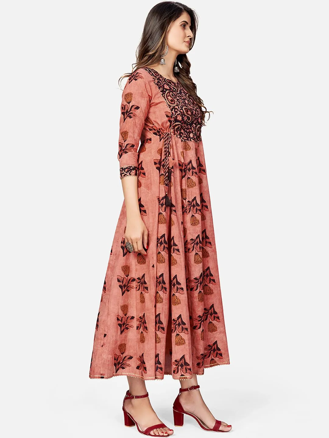 Women'S Printed & Hand Work Anarkali Cotton Brown Kurta (1Pc)