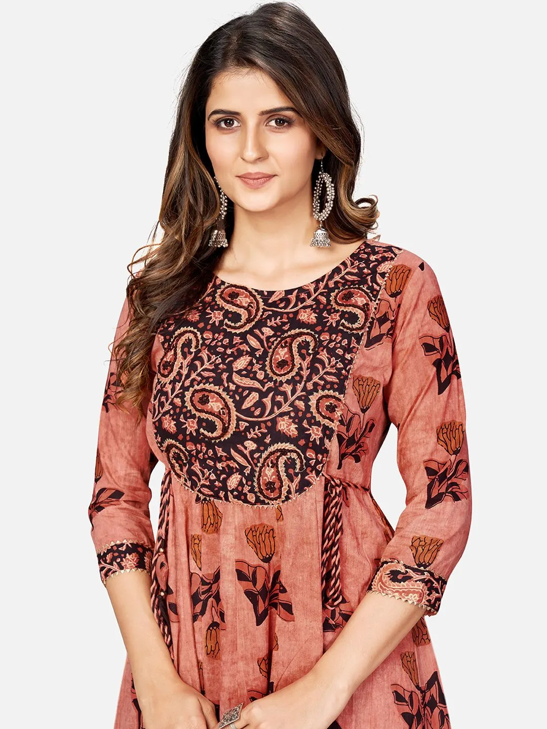 Women'S Printed & Hand Work Anarkali Cotton Brown Kurta (1Pc)