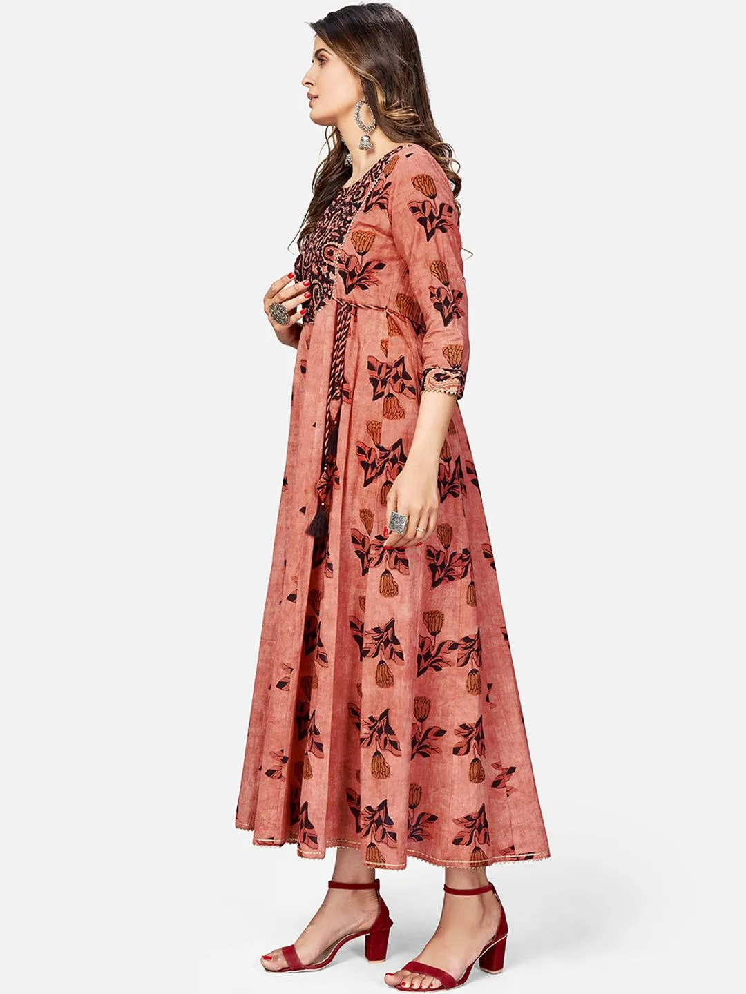 Women'S Printed & Hand Work Anarkali Cotton Brown Kurta (1Pc)