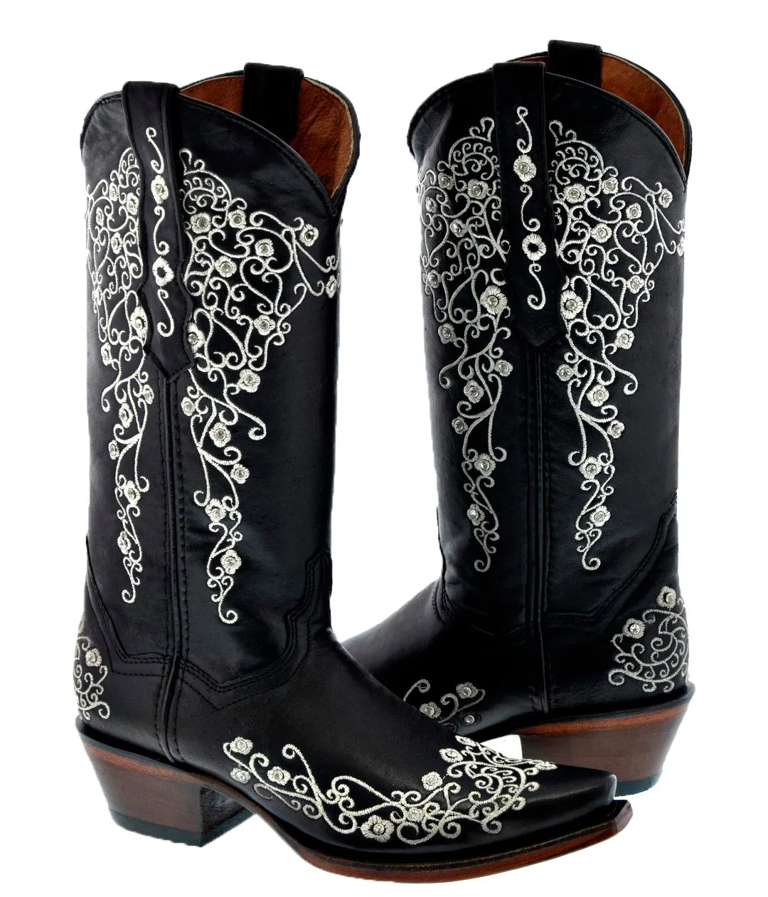 Womens Stella Black Leather Cowboy Boots - Snip Toe